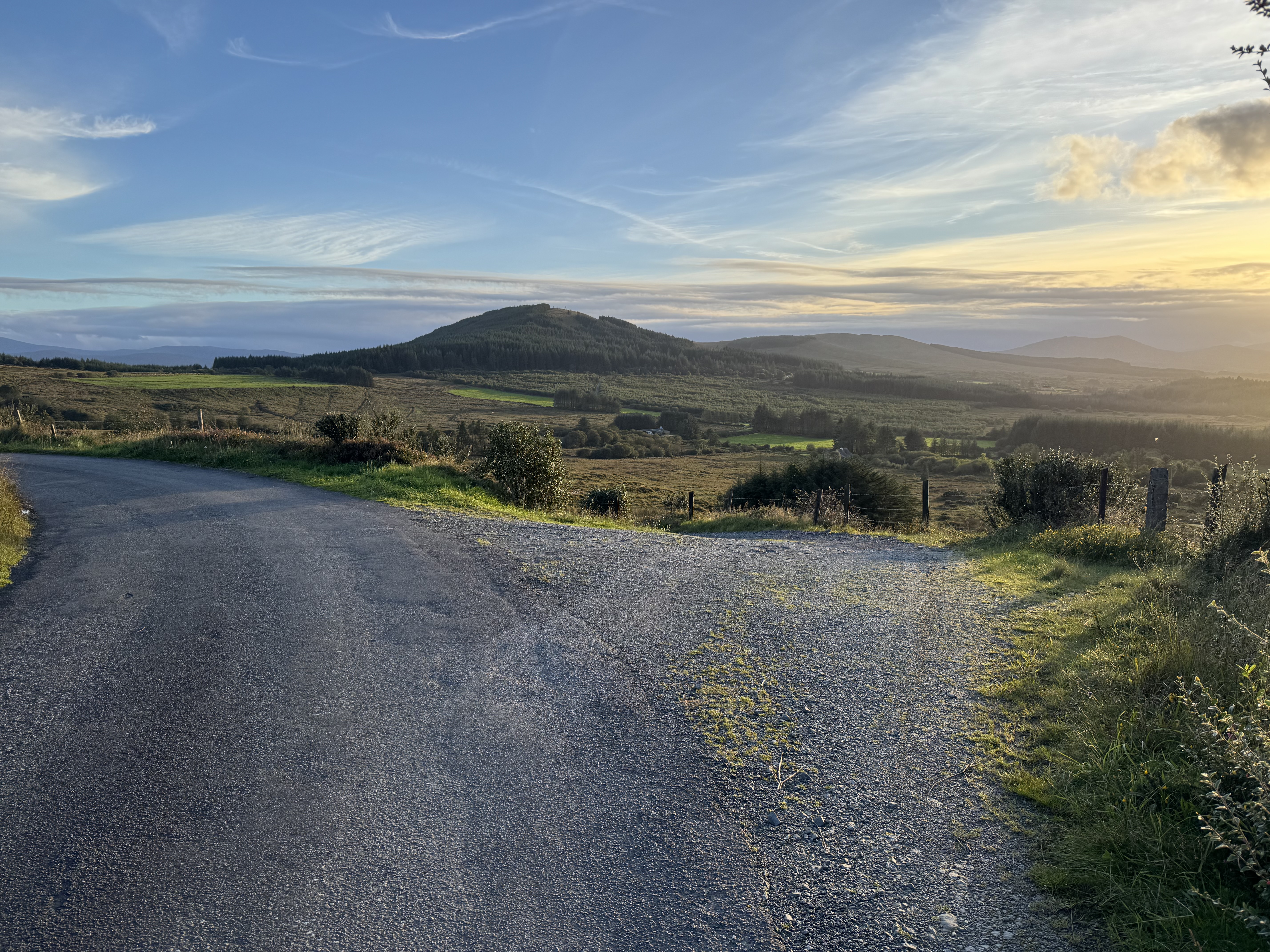 A scenic view of a winding road leading into lush green hills under a clear blue sky, with a sunset casting warm light over the landscape.